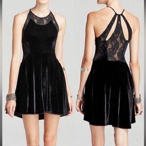 Free People goth Night Shade Black Velvet Lace Halter Fit & Flare Mini Dress S